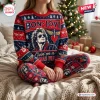 Front view of a Bon Jovi Christmas Sweater Jogger Set featuring red and blue holiday knit patterns.