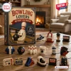 Front view of the Bowling Lovers Advent Calendar box displayed with small sports-themed ornaments on a wooden table.