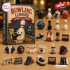 Front view of Bowling Lovers Advent Calendar box and twenty four miniature acrylic bowling ornaments.