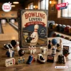 Front view of the Bowling Lovers Advent Calendar box surrounded by 24 miniature acrylic bowling ornaments.
