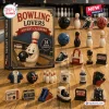 Front view of the Bowling Lovers Advent Calendar box with small acrylic ornaments arranged on wooden surface.