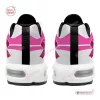 Rear view of Breast Cancer Awareness Ribbon Air Max Plus Sneakers in white, black, and pink with cushioned soles.