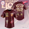 Front and back view of the Brisbane Lions 2026 AFL Premiers maroon baseball jersey with threepeat graphics.
