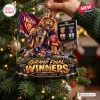 Closeup of Brisbane Lions 2026 AFL Premiers resin ornament hanging on a Christmas tree.