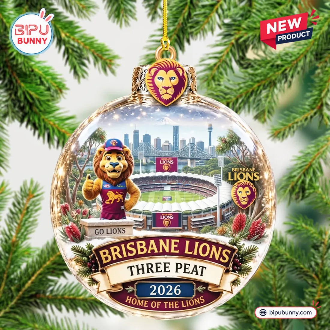 Brisbane Lions AFL 2026 Three-Peat Glass Ornament Brisbane Lions AFL 2026 Three-Peat Glass Ornament