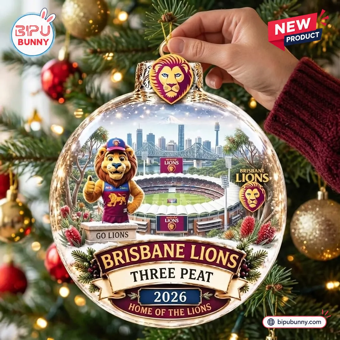 Brisbane Lions AFL 2026 Three-Peat Glass Ornament Brisbane Lions AFL 2026 Three-Peat Glass Ornament