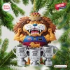 Front view of Brisbane Lions AFL Threepeat Trophy Acrylic Ornament featuring a crowned lion holding three premiership cups.