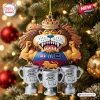 Front view of a Brisbane Lions AFL Threepeat Trophy Acrylic Ornament hanging on a Christmas tree.