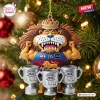 Front view of the Brisbane Lions AFL Threepeat Trophy Acrylic Ornament hanging on a Christmas tree.