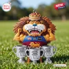 Front view of Brisbane Lions AFL Threepeat Trophy Acrylic Ornament featuring a cartoon lion with three cups in grass.
