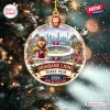 Front view of Brisbane Lions Three Peat 2026 Christmas Ornament featuring stadium graphic and mascot.