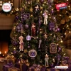 Christmas tree decorated with purple ornaments and BTS 2026 World Tour themed figurines.