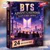 Front view of BTS Advent Calendar Figurine Set box with purple starry sky and city silhouette graphic.