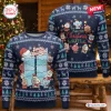 Front and back views of BTS BT21 Make This Sweet Ugly Christmas Sweater in blue with holiday graphics.