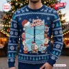 Front view of a blue holiday sweater featuring a Merry Christmas graphic with illustrated characters.