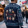 Back view of BTS BT21 Make This Sweet Ugly Christmas Sweater worn outdoors in snow.