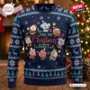 Front view of BTS BT21 Make This Sweet Ugly Christmas Sweater in blue with holiday cartoon characters.