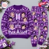Front view of the BTS Purple Christmas Sweater and Jogger Pants Set with holiday graphics.