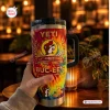 Hand holding a colorful tiedye Buc-ees 44th Anniversary Tumbler Cup with black handle.