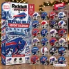 Front view of a Buffalo Bills Riddell Mini Helmet Advent Calendar packaging next to a display case of 24 mini helmets.