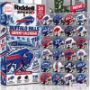 Front view of Buffalo Bills Riddell Mini Helmet Advent Calendar packaging next to a display case of mini helmets.