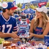 Fans holding Buffalo Bills Riddell Mini Helmet Advent Calendar at a tailgate party.