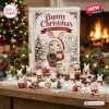 Front view of Bunny Christmas 2026 Advent Calendar box displayed with miniature rabbit figurines on snowy table.