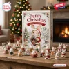 Front view of Bunny Christmas 2026 Advent Calendar box with miniature rabbit figurines displayed on a wooden table.