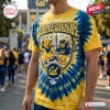 Front view of a yellow and blue tie-dye shirt featuring dancing bears and the California Golden Bears 2026 design.