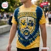 Front view of a tie-dye yellow and blue shirt with dancing bears and California text.