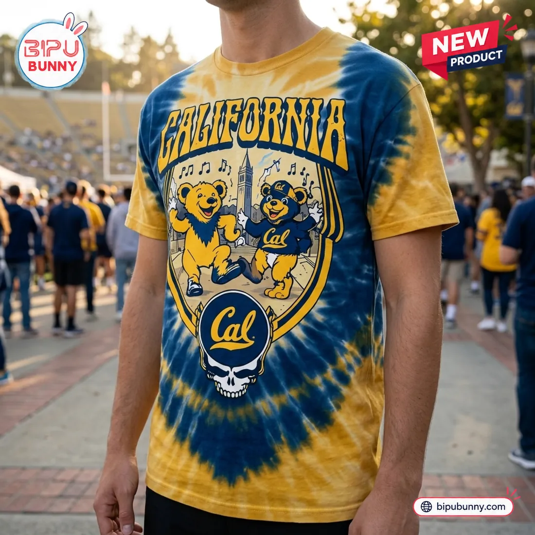Close-up stadium view of the California Golden Bears Grateful Dead 2026 Shirt displaying the radial navy and gold tie-dye print