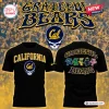 Front and back views of a black t-shirt with California Golden Bears graphics and skull motifs.