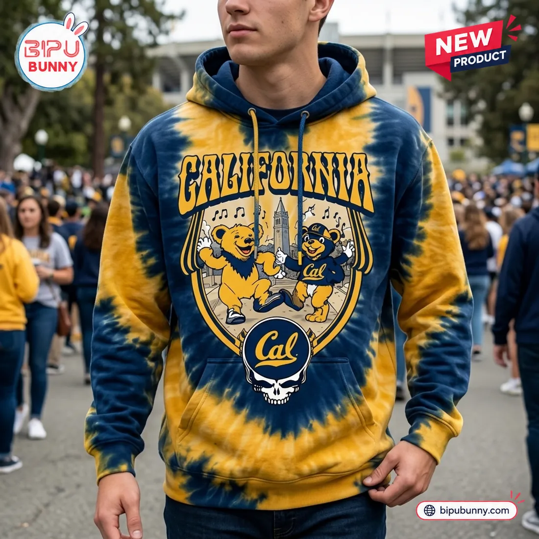 Front campus view of the California Golden Bears Grateful Dead College Hoodie displaying the radial navy-and-gold tie-dye, two-tone drawstrings, and Sather Tower shield