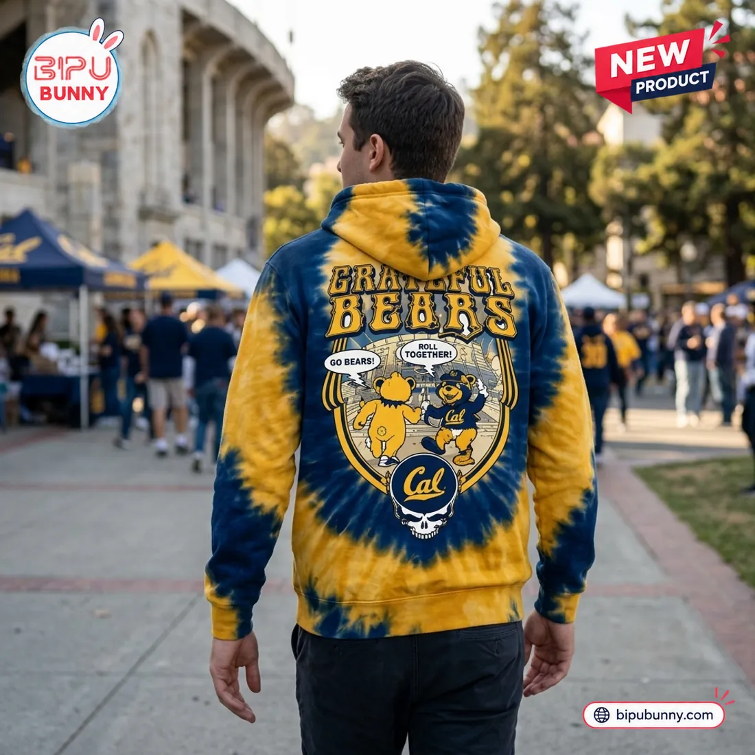 Back campus view of the California Golden Bears Grateful Dead College Hoodie displaying the tie-dye hood and GRATEFUL BEARS Memorial Stadium crest
