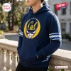 Front view of a person wearing a navy California Golden Bears Grateful Dead hoodie with skull graphic.