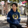 Man wearing the California Golden Bears Grateful Dead Navy Hoodie outdoors on a campus walkway.