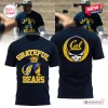 Front and back view of a dark blue t-shirt featuring a bear graphic and yellow lettering.