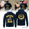 Front and back view of a dark blue California Golden Bears Grateful Dead pullover hoodie featuring team mascot and logo graphics.