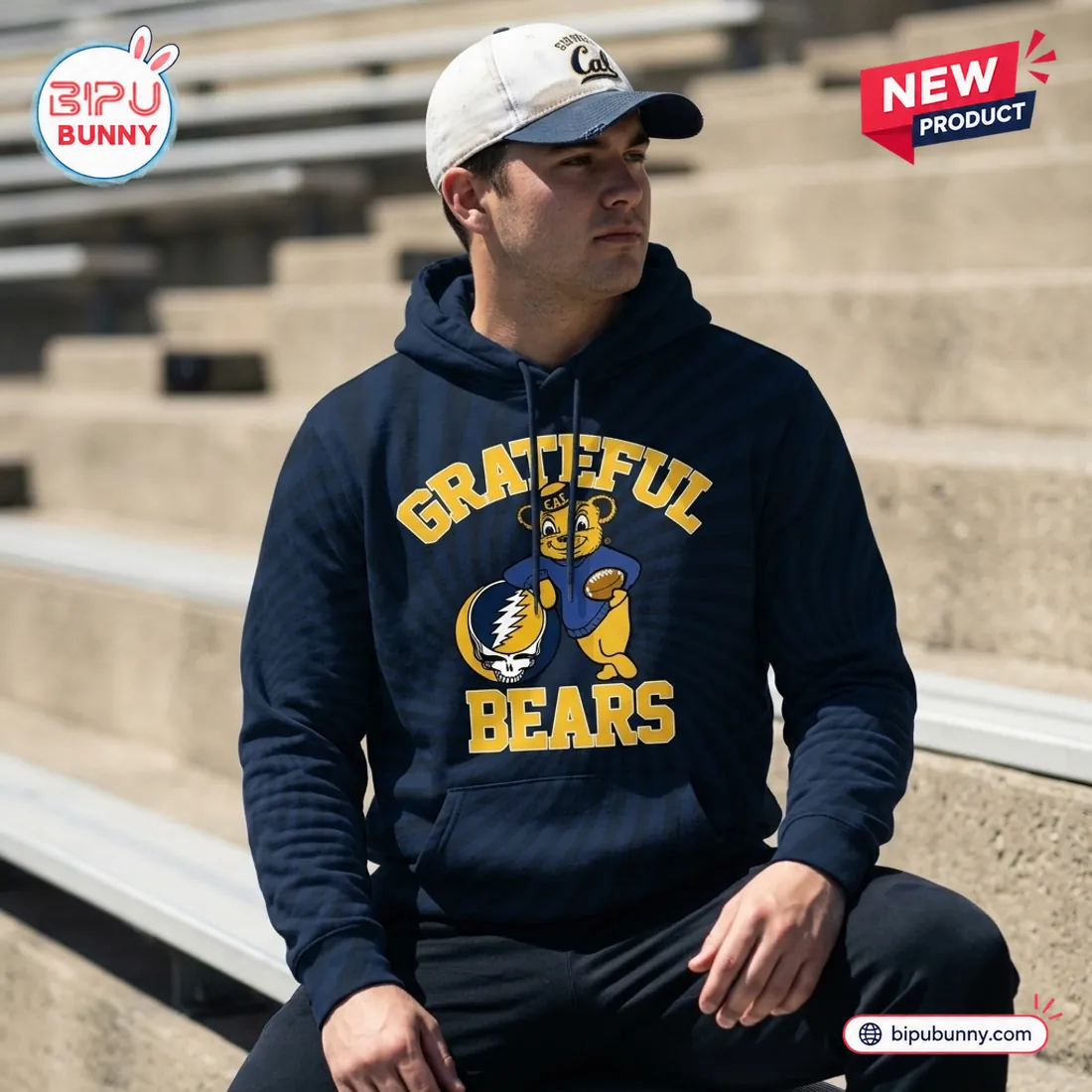 Outdoor stadium bleacher view of the California Golden Bears Grateful Dead Pullover Hoodie highlighting the kangaroo pocket and drawstring hood