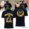 Front and back view of a dark t-shirt with team graphics and a bear mascot holding a football.