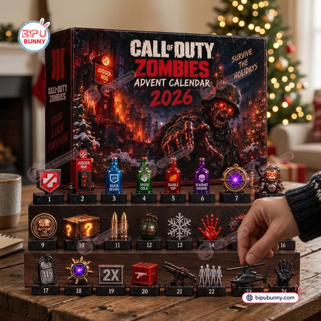 Placing the numbered extraction helicopter miniature onto the Call of Duty Zombies 2026 Advent Calendar display tier