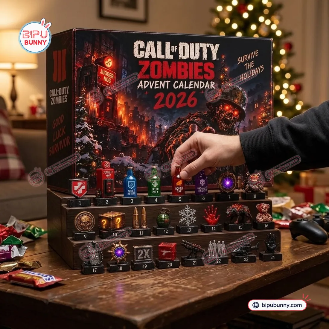 Inspecting the Double Tap Perk-a-Cola bottle miniature from the Call of Duty Zombies 2026 Advent Calendar lineup