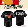 Front and back view of Calvin Harris North America 2027 black baseball jersey with graphic prints.