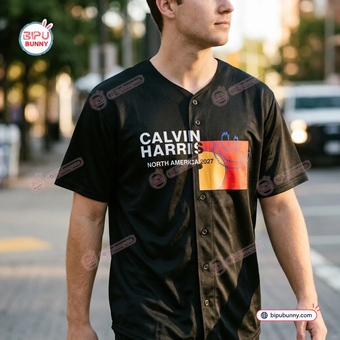 Front view of the Calvin Harris North America 2027 Black Baseball Jersey showing the button placket and colorblock chest graphic
