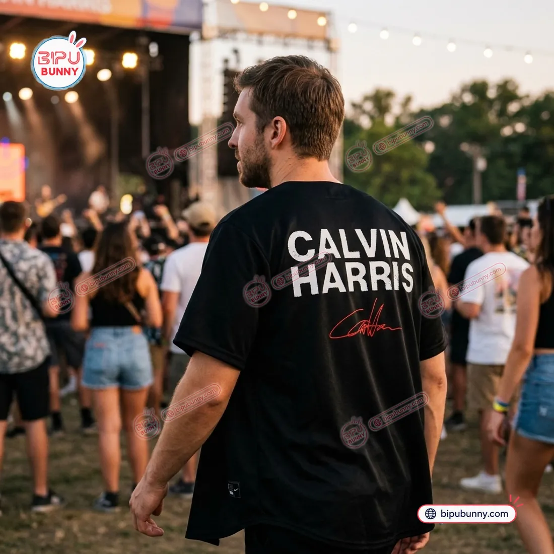 Back view of the Calvin Harris North America 2027 Black Baseball Jersey featuring white block lettering and red cursive signature
