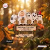 Front view of a Charlie Brown 60th Anniversary 1966-2026 Christmas Ornament featuring characters in ghost costumes with pumpkins.