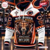 Front view of the Chicago Bears Way Maker Hoodie featuring cross and bear graphics in orange, navy blue, and white.