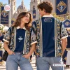 Front and back view of two people wearing Christian Dior Premium Polo Shirt featuring blue and gold ornate cathedral graphics.