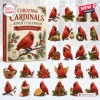 Front view of the Christmas Cardinals 2026 Advent Calendar box alongside twenty-four carved red cardinal acrylic ornaments.