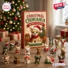 Front view of a Christmas Chihuahua advent calendar box displayed with twenty-four miniature dog figurines on a wooden table.